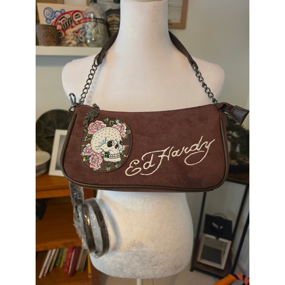 Ed Hardy Brown Faux Suede Skull Rose Embroidered Shoulder Bag Y2K Crossbody